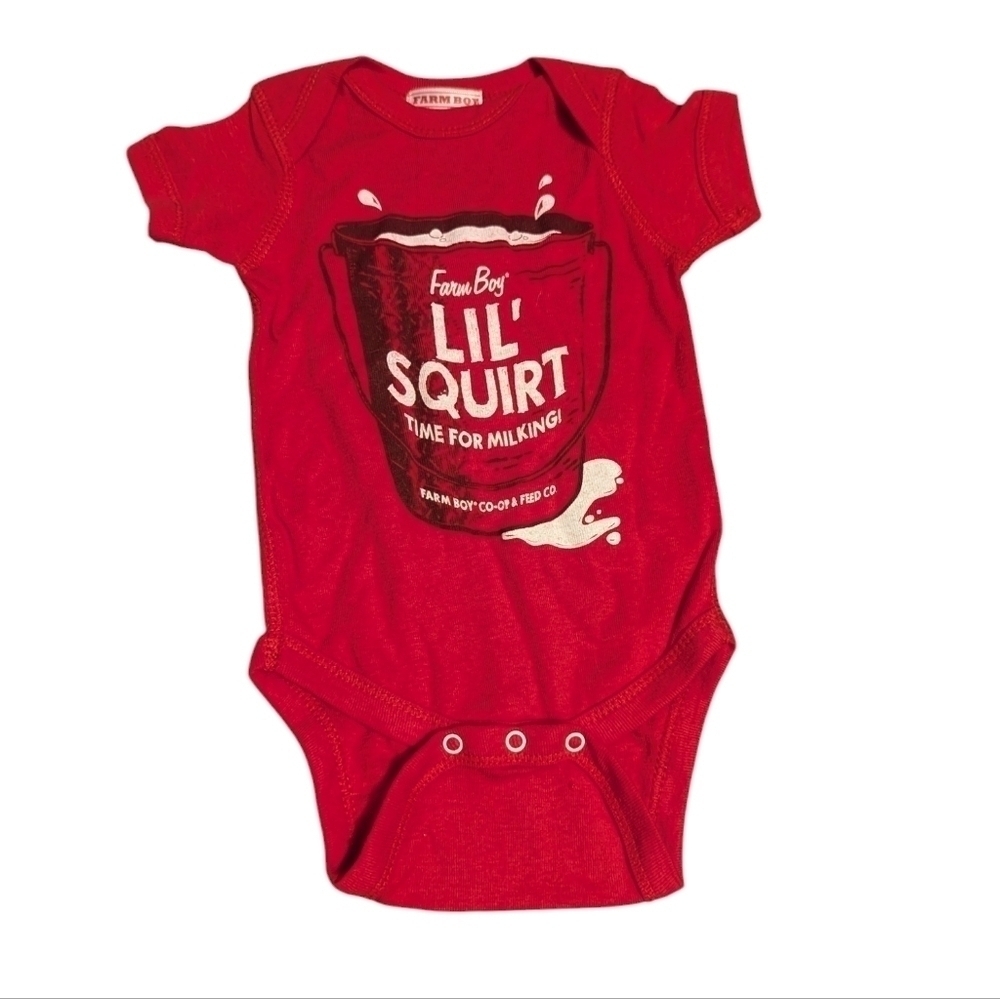 5/$15 Baby Boy Farm Boy 6 Month Short Sleeve Onsie- Red & White- Little Squirt
